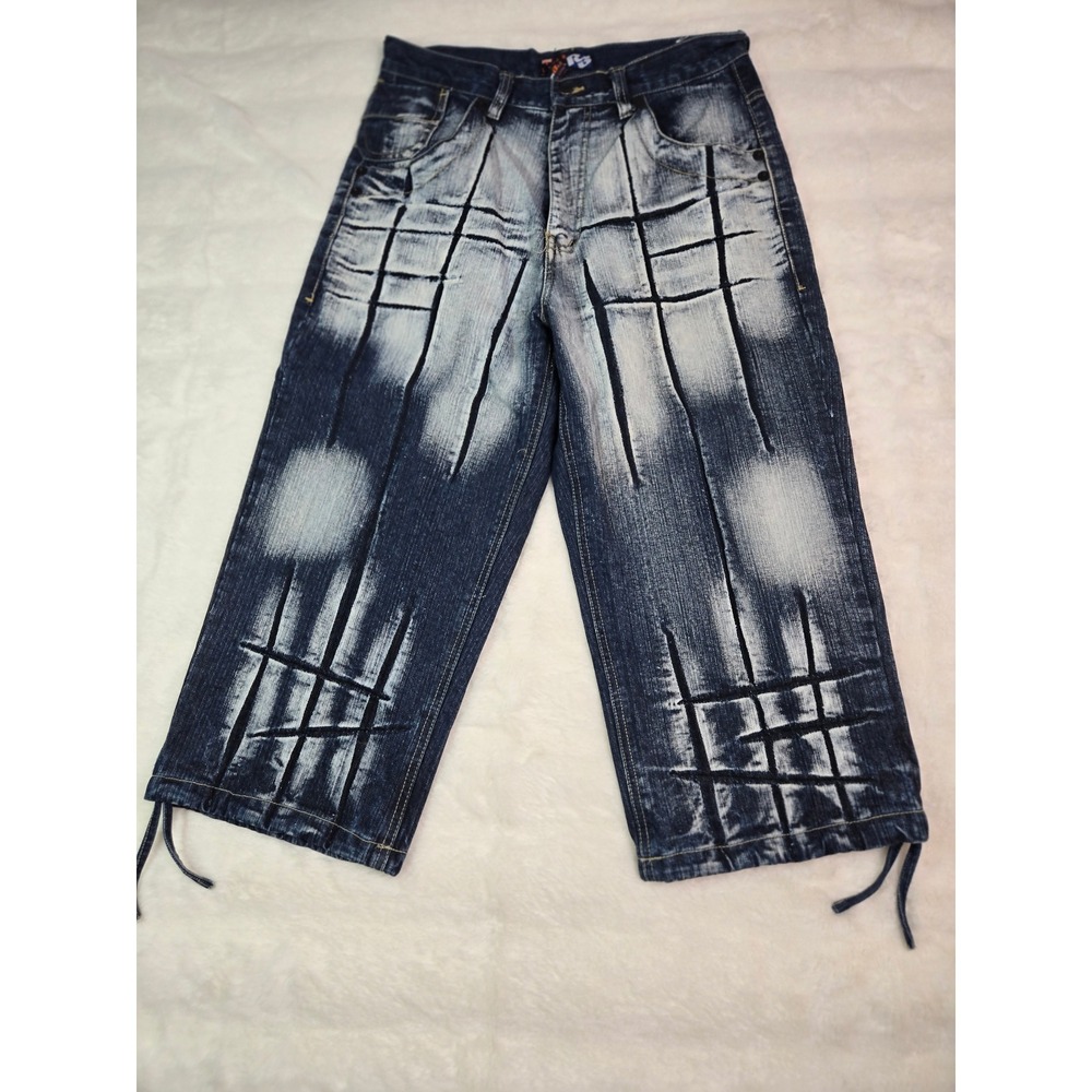 Raw Blue Mens Baggy Graphic Denim Jorts Acid‎ Wash Blue 32 Y2K Skater Streetwear